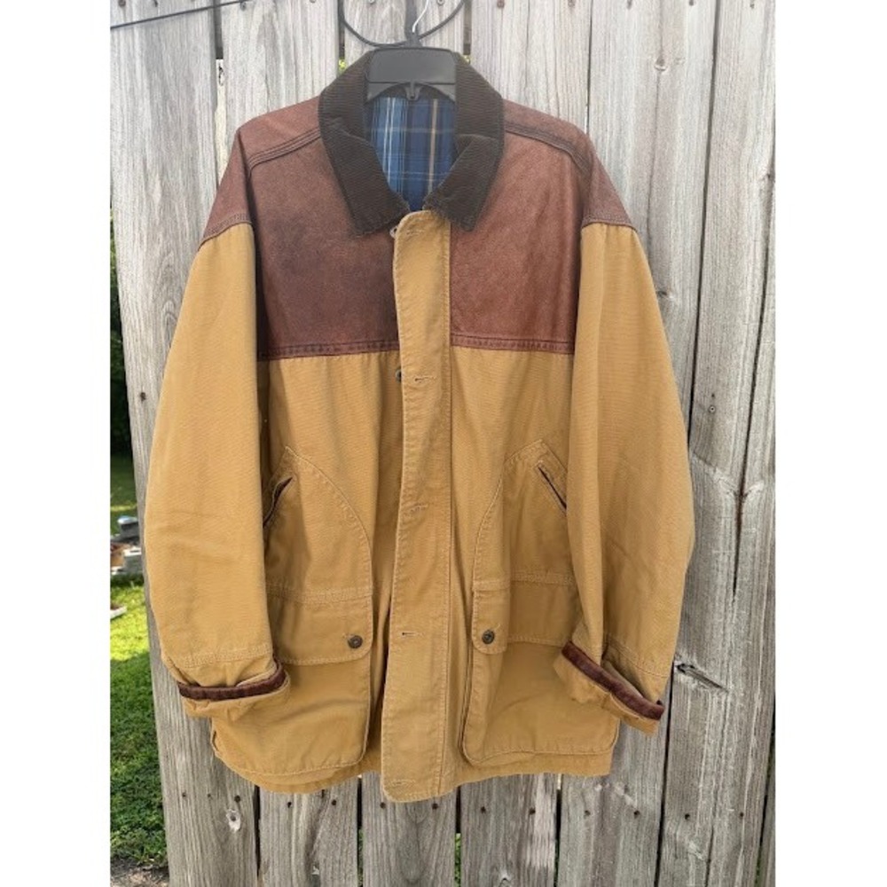 Vintage Tommy Hilfiger Canvas Barn Chore Jacket Tan Leather Yoke Corduroy Plaid - Picture 1 of 16